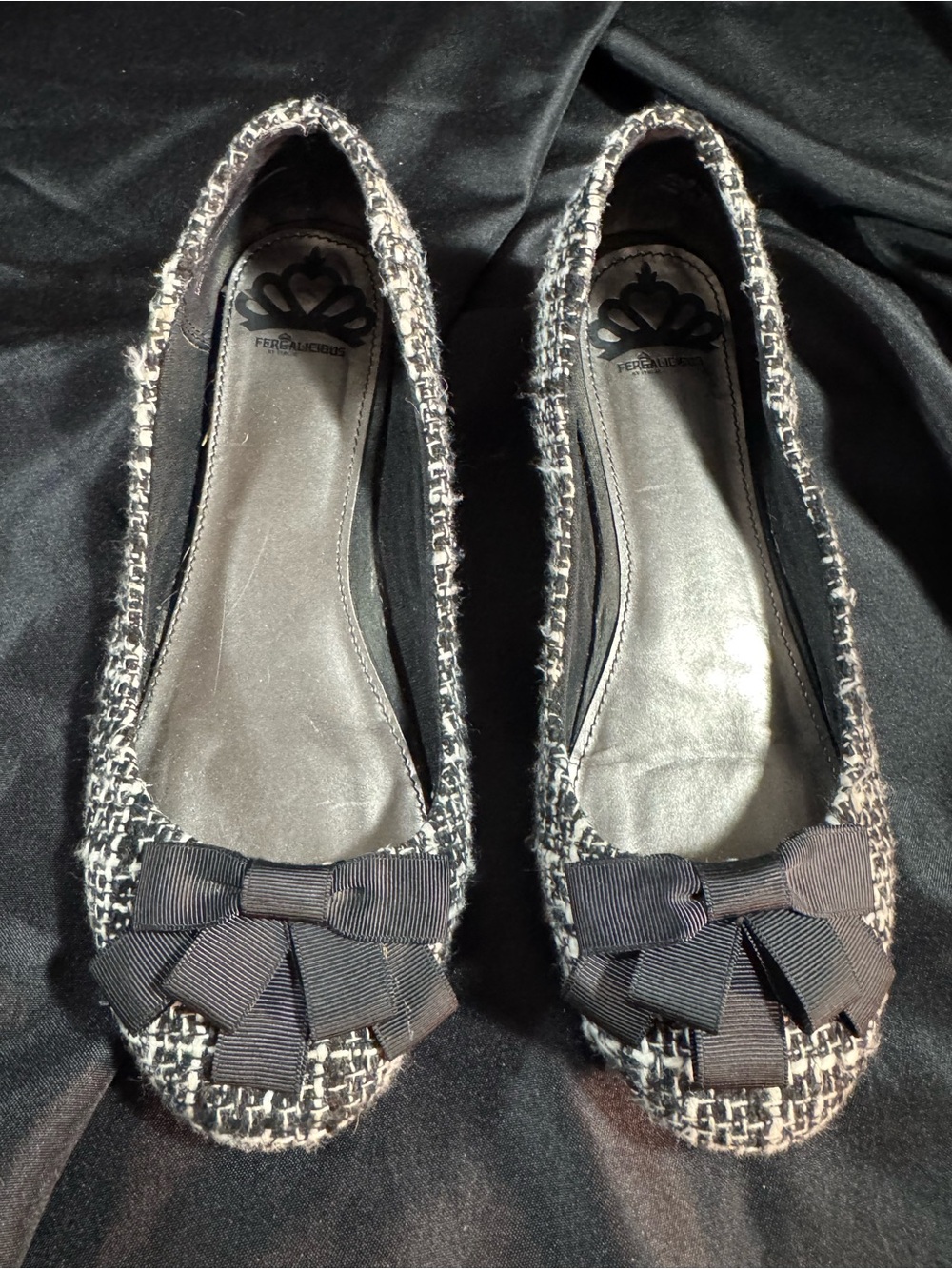 Fergalicious Black & White Tweed Bow Flats 8.5